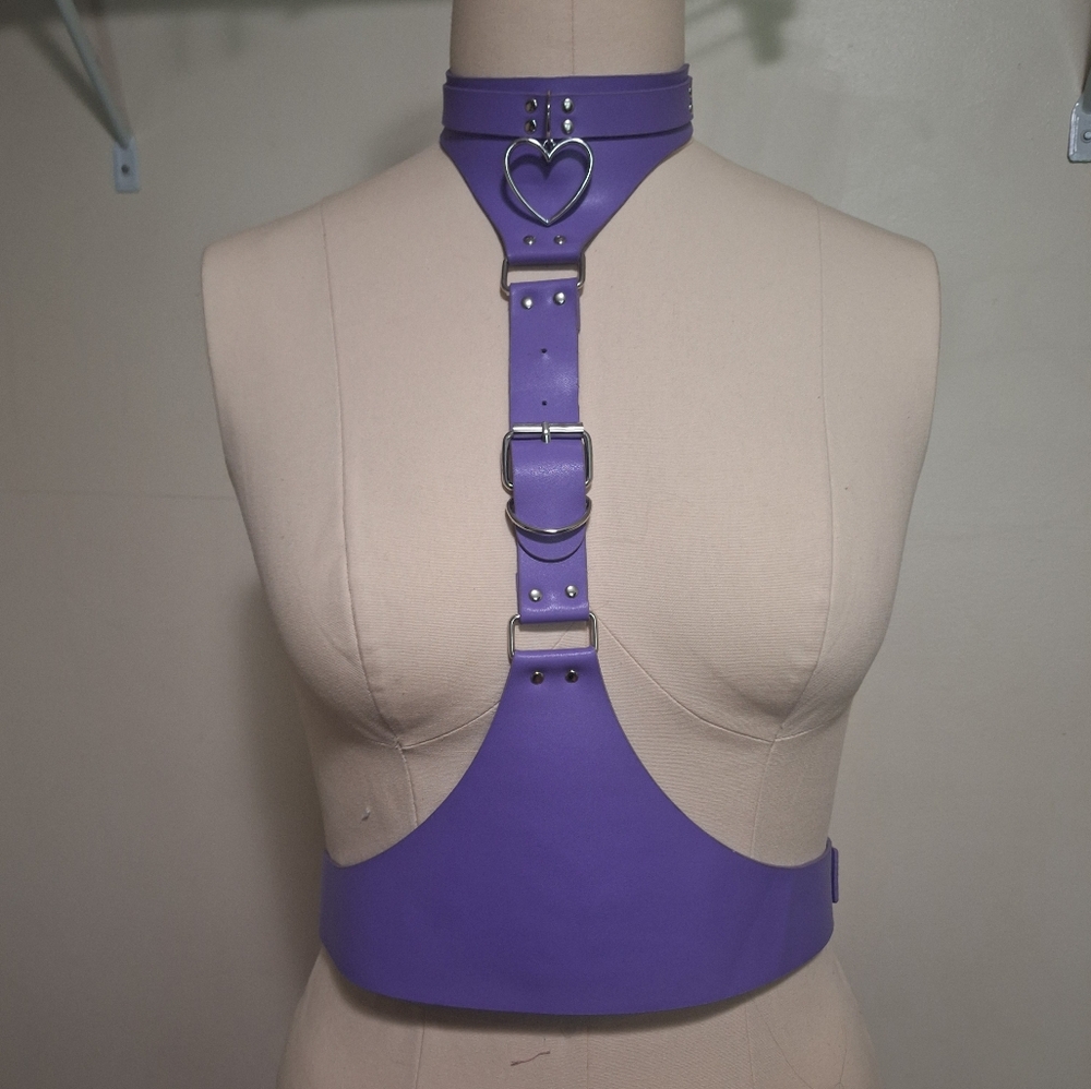 Chic Purple Leather Harness with silver hardware and Heart Accent